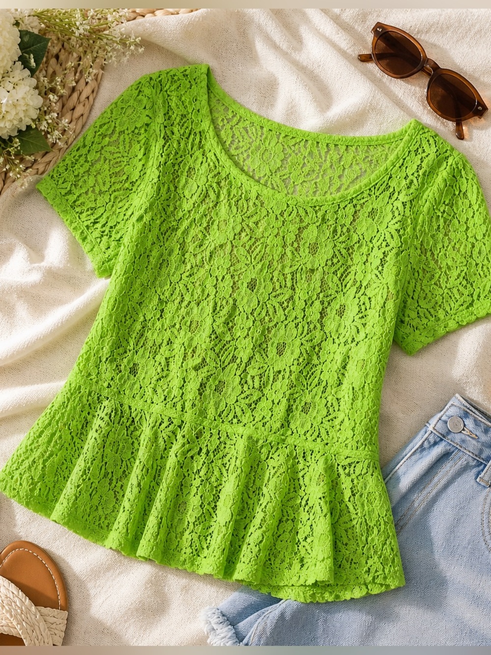 Neon Green Floral Lace Peplum 1x Top Sheer Boho Summer Plus